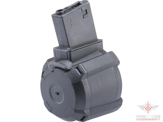 S/O AVENGERS - 1200 Round Electric Drum Magazine for Airsoft AEG Rifles (Model: M4 - Black / Button)
