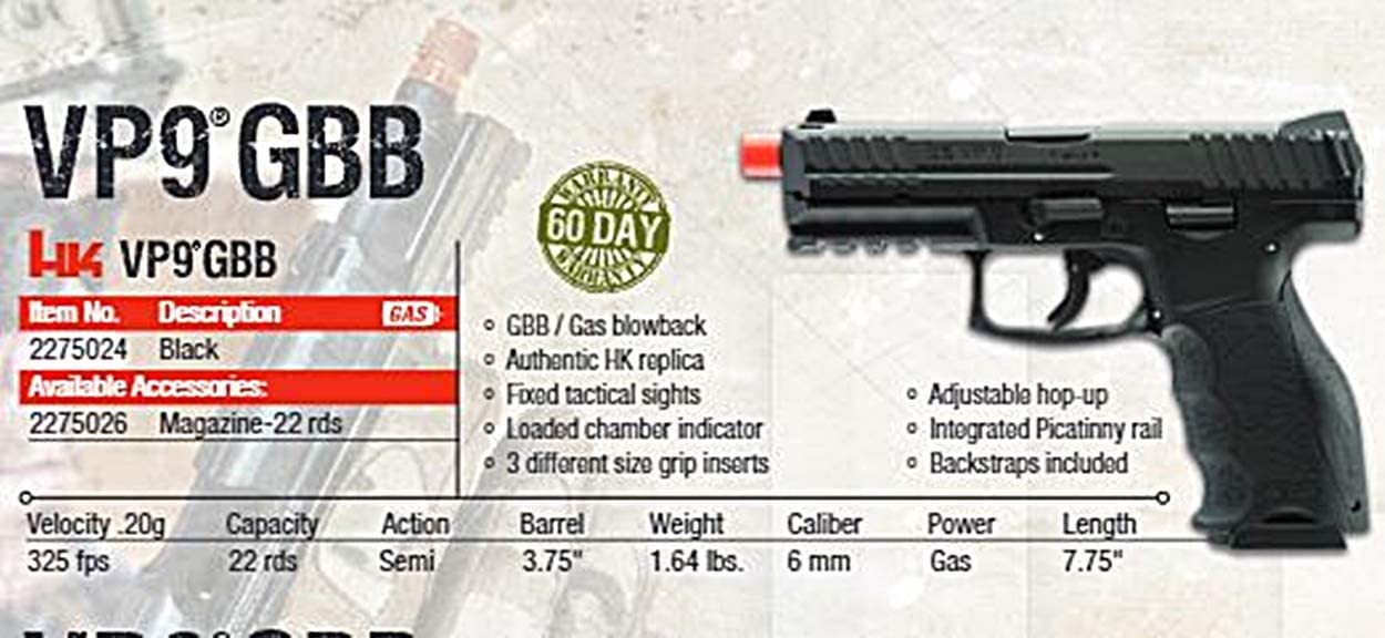 ELITE FORCE - VP9 GBB Blowback 6mm BB Pistol Airsoft Gun, Black